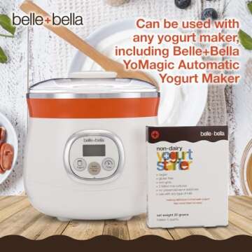 Belle + Bella Non-Dairy Vegan Yogurt Starter - Gluten Free, No Added Sugar, Non GMO - Makes 4 Quarts Vegan Yogurt - 2 Billion Live Cultures - Mix with Any Dairy Free or Dairy Milk - 1 Box