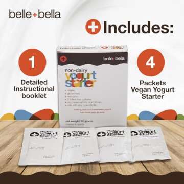 Belle + Bella Non-Dairy Vegan Yogurt Starter - Gluten Free, No Added Sugar, Non GMO - Makes 4 Quarts Vegan Yogurt - 2 Billion Live Cultures - Mix with Any Dairy Free or Dairy Milk - 1 Box