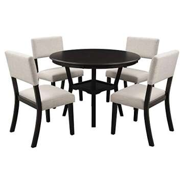 Merax 5-Piece Dining Set, Round Bottom Shelf, 4 Upholstered Chairs, Ideal for Kitchen, Dinning Room and Bar Table, Espresso, Beige