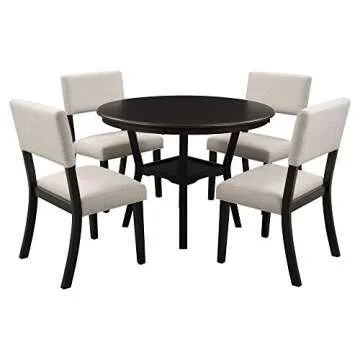 Merax 5-Piece Dining Set, Round Bottom Shelf, 4 Upholstered Chairs, Ideal for Kitchen, Dinning Room and Bar Table, Espresso, Beige