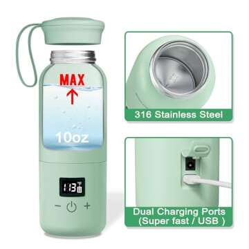 Veroline Portable Bottle Warmer for Travel, 10 Oz Baby Bottle Warmer with Adjustable Temp & Keep Warm for Formula, Breastmilk, Super Fast Charging & Cordless Milk Warmer, Rechargeable Water Warmer