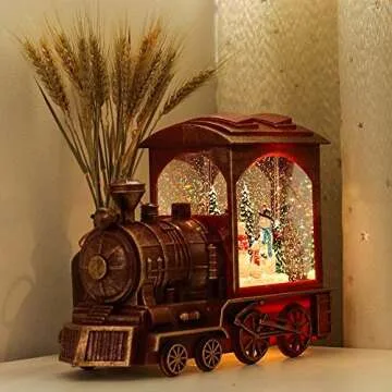 Eldnacele Singing Christmas Train Snow Globe with Music & Timer, Lighted-up Battery Operated Glittering Lantern for Christmas Table Centerpiece Decoration and Gift- Snowman