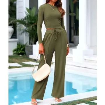 BTFBM Casual 2 Piece Sets For Women Fall Outfits Ribbed Knit Long Sleeve Crop Top Wide Leg Pants Matching Lounge Set