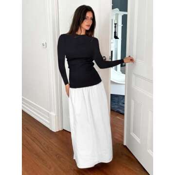 YOXUA Women's Long Sleeve Patchwork A-Line Long Maxi Dress Fall Winter Beach Maxi Dress White