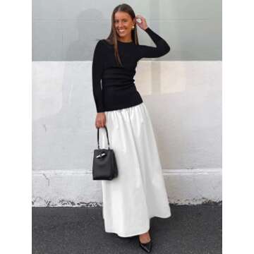 YOXUA Women's Long Sleeve Patchwork A-Line Long Maxi Dress Fall Winter Beach Maxi Dress White