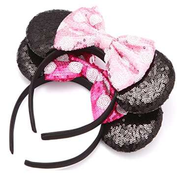 RCJERA Mommy and Me Mouse Ears Headbands - 2 Pcs Glitter Bow Headbands for Kids, Girls, Women, Birth...