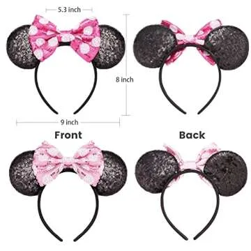 RCJERA Mommy and Me Mouse Ears Headbands - 2 Pcs Glitter Bow Headbands for Kids, Girls, Women, Birthday, Christmas, Cosplay, Princess