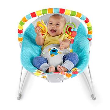 Bright Starts Sesame Street Baby Bouncer Soothing Vibrations Infant Seat - I Spot Elmo! with Cookie Monster and Big Bird - Removable-Toy Bar, 0-6 Months Up to 20 lbs