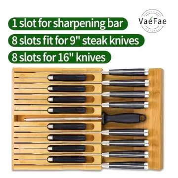 Bamboo Knife Drawer Organizer for 16 Knives and Sharpener