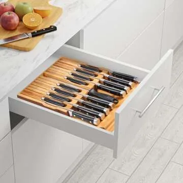 Bamboo Knife Drawer Organizer for 16 Knives and Sharpener