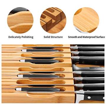 VaeFae In-Drawer Knife Block,Bamboo Knife Drawer Organizer Insert, Kitchen Knife Drawer Storage for 16 Knives PLUS a Slot for your Knife Sharpener (Without Knives)