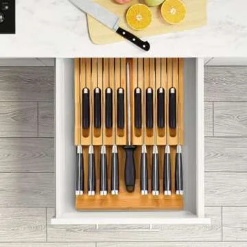 Bamboo Knife Drawer Organizer for 16 Knives and Sharpener