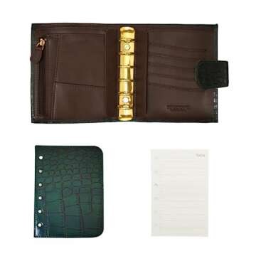 Burxxong A7 Organizer Genuine Leather Stalogy Rings Planner Pocket size Notebook with 20MM Binder Mini Agenda Diary (Green Crocodile)