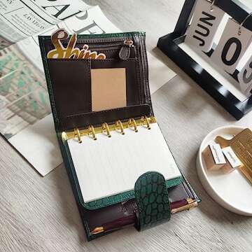 Burxxong A7 Organizer Genuine Leather Stalogy Rings Planner Pocket size Notebook with 20MM Binder Mini Agenda Diary (Green Crocodile)