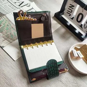 Burxxong A7 Organizer Genuine Leather Stalogy Rings Planner Pocket size Notebook with 20MM Binder Mini Agenda Diary (Green Crocodile)