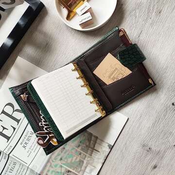 Burxxong A7 Organizer Genuine Leather Stalogy Rings Planner Pocket size Notebook with 20MM Binder Mini Agenda Diary (Green Crocodile)