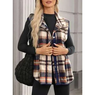 Dokotoo Womens Vests Fall Outfits Casual Vest Lapel Collar Button Up Lined Sleeveless Jacket Pockets 2024 Winter Plaid Vests Outerwear Coat Apricot Small