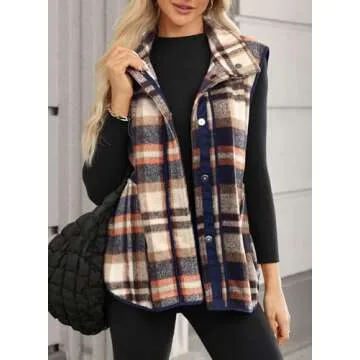 Dokotoo Womens Vests Fall Outfits Casual Vest Lapel Collar Button Up Lined Sleeveless Jacket Pockets 2024 Winter Plaid Vests Outerwear Coat Apricot Small