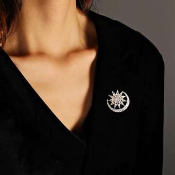 Sparking Sunshine Sun Cresent Moon Brooch Pin Crystal Sun with Moon Lapel Pin Charm Clothes Accessories Fashion Bag Hat Jacket Badges (gold)