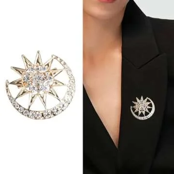 Sparking Sunshine Sun Cresent Moon Brooch Pin Crystal Sun with Moon Lapel Pin Charm Clothes Accessories Fashion Bag Hat Jacket Badges (gold)