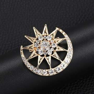 Sparking Sunshine Sun Cresent Moon Brooch Pin Crystal Sun with Moon Lapel Pin Charm Clothes Accessories Fashion Bag Hat Jacket Badges (gold)