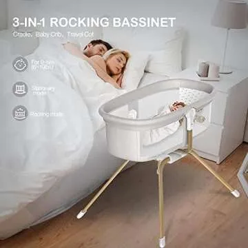 ANGELBLISS 3 in 1 Rocking Bassinet & Baby Bassinet Bedside Sleeper, One-Second Convert Travel Portable Bassinet Newborn Baby (White)