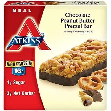 Atkins Chocolate Peanut Butter Pretzel Protein Meal Bar, High Fiber, 16g Protein, 1g Sugar, 4g Net C...