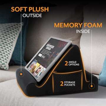 Brookstone - Memory Foam Lap Desk Tablet Holder, Holds Phones, iPads, E-Book Readers, 2 Viewing Angles, 2 Side Pockets for Accessories, Book Holder Cushion, Perfect for Home, Car Travel & Flights