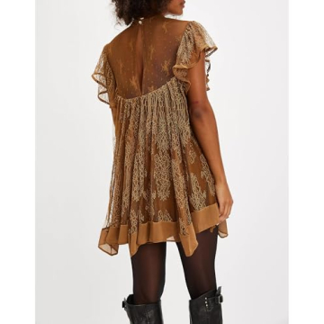 Gacaky Women's Summer Mini Dress Casual Lace Floral Embroidery Sheer Dress Loose Sleeveless Swing Mini Dress Brown Small