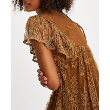 Gacaky Women's Summer Mini Dress Casual Lace Floral Embroidery Sheer Dress Loose Sleeveless Swing Mini Dress Brown Small