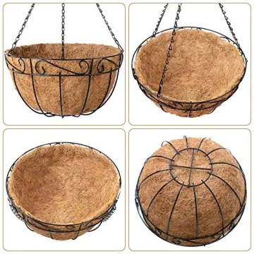 AMAGABELI GARDEN & HOME 4 Pack 14 Inch Plant Hanging Baskets Metal for Flowers Round Outdoor Hanging Pots Holder Hanger Metal with Coco Liner Chain Large Artificial Plants Decoration Black Basket14