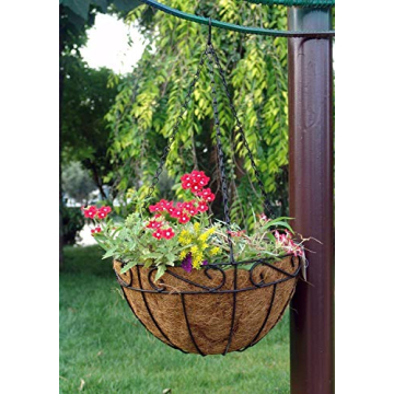 AMAGABELI GARDEN & HOME 4 Pack 14 Inch Plant Hanging Baskets Metal for Flowers Round Outdoor Hanging Pots Holder Hanger Metal with Coco Liner Chain Large Artificial Plants Decoration Black Basket14