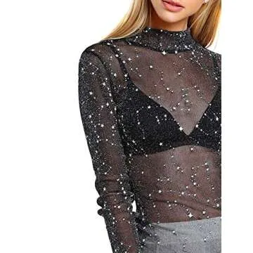 Floerns Star Mesh Mock Neck Long Sleeve Top for Women