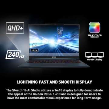MSI Stealth 16 AI Studio 16” 240Hz QHD+ Gaming Laptop: Intel Core Ultra 9-185H, NVIDIA Geforce RTX 4070, 64GB DDR5, 1TB NVMe SSD, Thunderbolt 4, Win 11 Pro: Star Blue A1VGG-036US