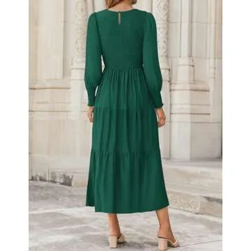 ZESICA Women's Casual Long Sleeve Crew Neck High Waist Smocked Flowy Tiered Midi Dress,DarkGreen,Large