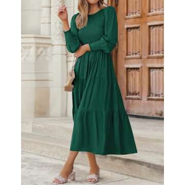 ZESICA Women's Casual Long Sleeve Crew Neck High Waist Smocked Flowy Tiered Midi Dress,DarkGreen,Large