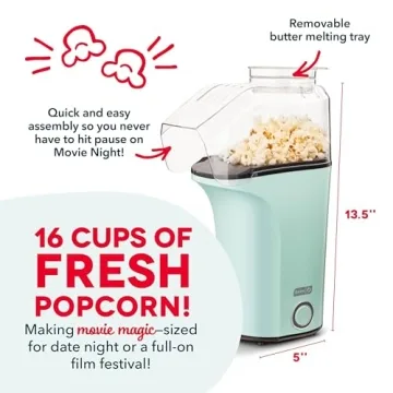 DASH Aqua Hot Air Popcorn Popper 16 Cup Maker