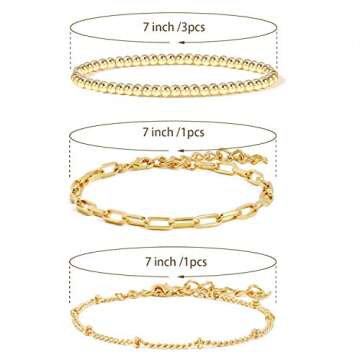 14K Gold Beaded Bracelets for Women,Dainty Gold Plated Chain Link Bracelet Stretchable Adjustable Bracelet(5PCS)……