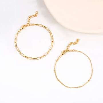 14K Gold Beaded Bracelets for Women,Dainty Gold Plated Chain Link Bracelet Stretchable Adjustable Bracelet(5PCS)……