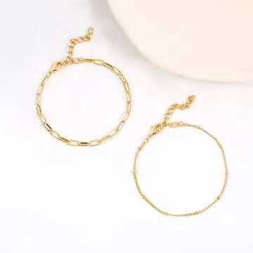 14K Gold Beaded Bracelets for Women,Dainty Gold Plated Chain Link Bracelet Stretchable Adjustable Bracelet(5PCS)……