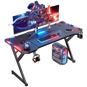 HLDIRECT 47 Inch Gaming Desk with LED Lights, Ergonomic Computer Table with Carbon Fibre Surface, St...