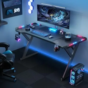 HLDIRECT 47 Inch Gaming Desk with LED Lights, Ergonomic Design