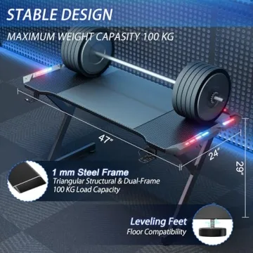 HLDIRECT 47 Inch Gaming Desk with LED Lights, Ergonomic Design