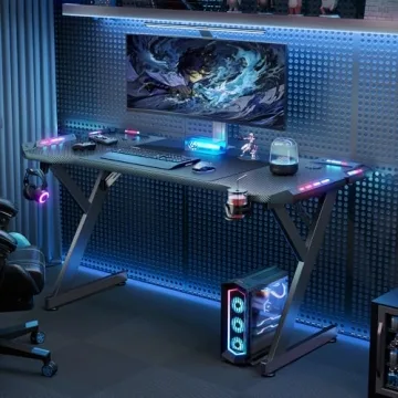HLDIRECT 47 Inch Gaming Desk with LED Lights, Ergonomic Design