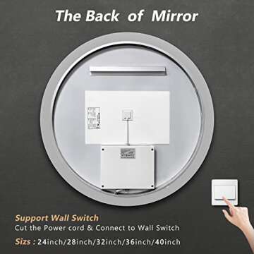 ROOMTEC 40" LED Round Mirror, Wall-Mounted, 6000K Backlit, Dimmable Lighted Bathroom Vanity, Anti-Fog