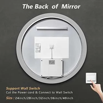 ROOMTEC 40" LED Round Mirror, Wall-Mounted, 6000K Backlit, Dimmable Lighted Bathroom Vanity, Anti-Fog