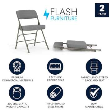 Flash Furniture Hercules Series Metal Folding Chairs with Cushioned Seats, Fabric Upholstered Event Chairs, Set of 2, Gray