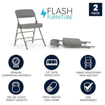 Flash Furniture Hercules Series Metal Folding Chairs with Cushioned Seats, Fabric Upholstered Event Chairs, Set of 2, Gray