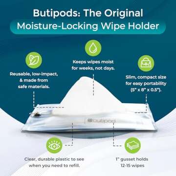 Butipods Reusable Travel Wipes Case - Portable Moisture-Retaining Pouch, Slim Holder and Convenient ...