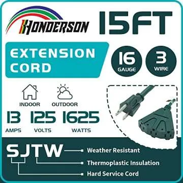 HONDERSON 15FT 3-Outlet Indoor Outdoor Extension Cord - Weatherproof, UL Listed, 16 Gauge Heavy Duty...